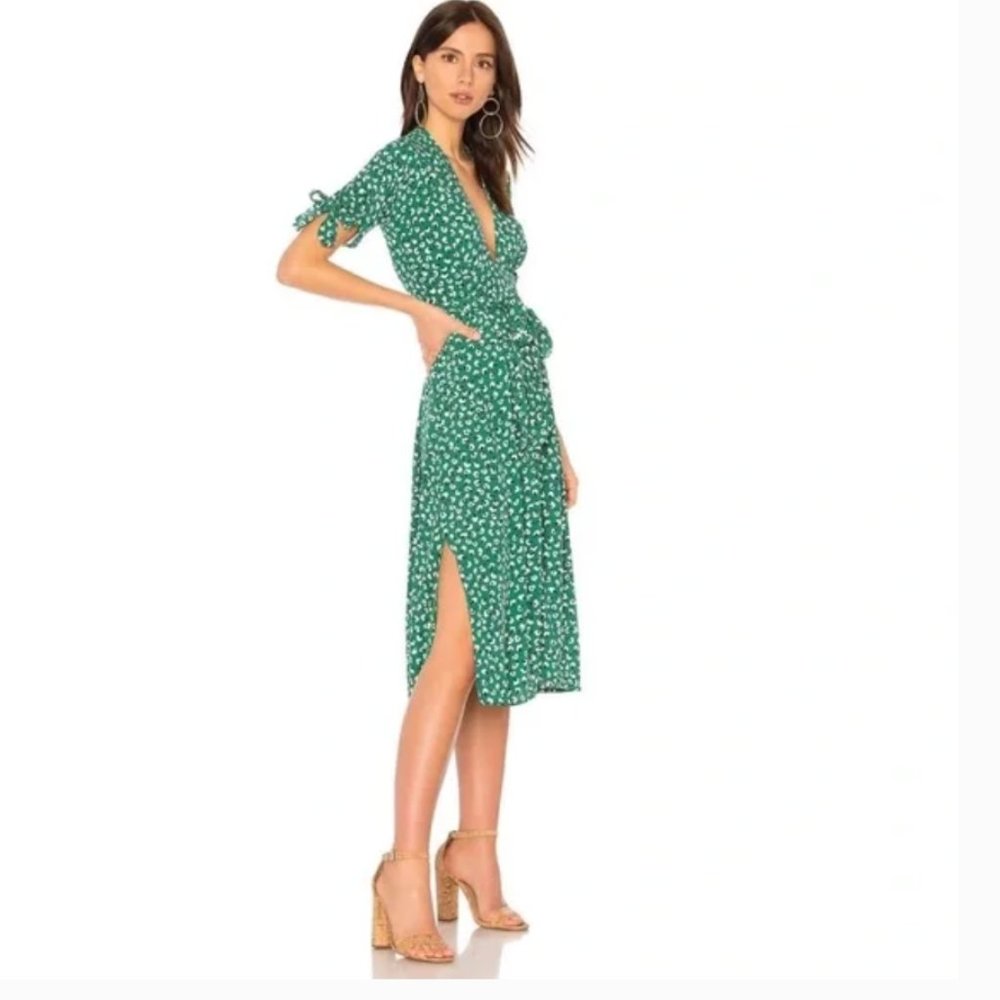 Faithfull the Brand Green Floral Print Midi Dress, Size XS